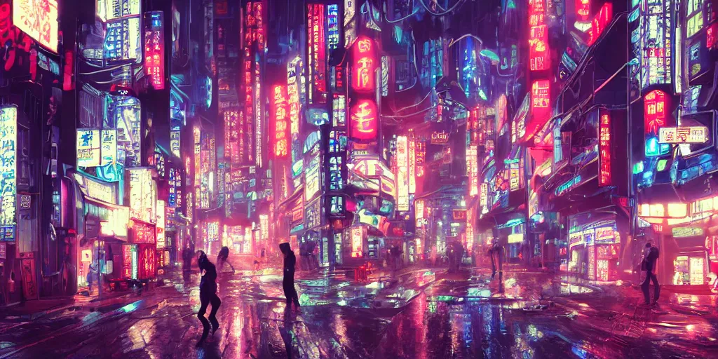 Image similar to Intricate cyborgs on a cyberpunk Tokyo street with neon signs in Japanese. 80-s sci-fi, 8K, Highly Detailed, ArtStation. C 11.0