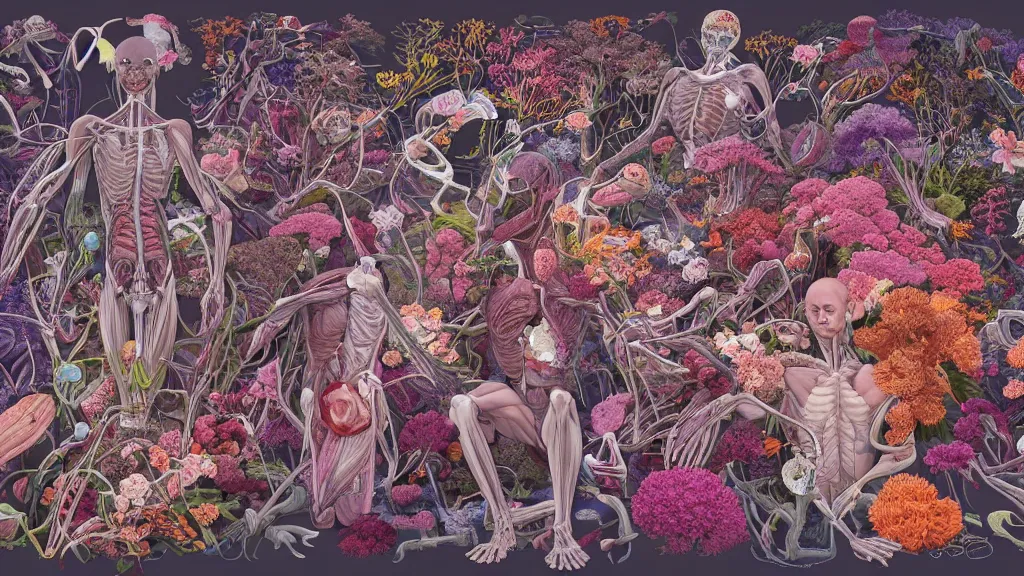 Image similar to highly detailed illustration of a human anatomy body exploded by all the known species of flowers by juan gatti, by makoto shinkai, by moebius!, by oliver vernon, by joseph moncada, by damon soule, by manabu ikeda, by kyle hotz, by dan mumford, by kilian eng