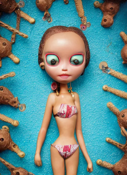Image similar to closeup portrait of tin toy eskomo bikini swim champ girl trap, depth of field, zeiss lens, detailed, symmetrical, centered, fashion photoshoot, by nicoletta ceccoli, mark ryden, lostfish, breathtaking, 8 k resolution, extremely detailed, beautiful, establishing shot, artistic, hyperrealistic, octane render