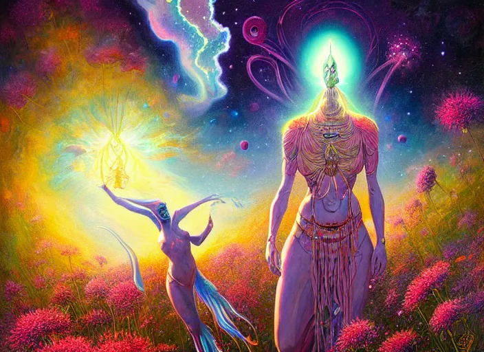 Prompt: a beautiful painting of a large alien godess emerging from a magical shrine shrouded by mystic nebula magic in a field of flowers by moebius and android jones, oil on canvas sharp, details, hyper - detailed, hd, hdr, 4 k, 8 k