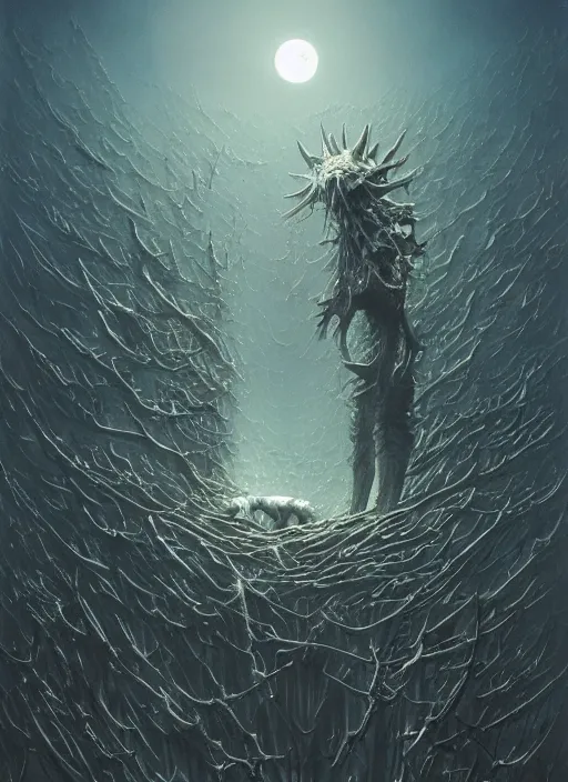 Image similar to blockchain headquater alie bishop by zdzislaw beksinski, ralph bakshi and hajime sorayama. spiky bones everywhere, the moon is big as a the night, high fashion, intricate details, by james jean, hd, 8 k, trending on artstation, uhd