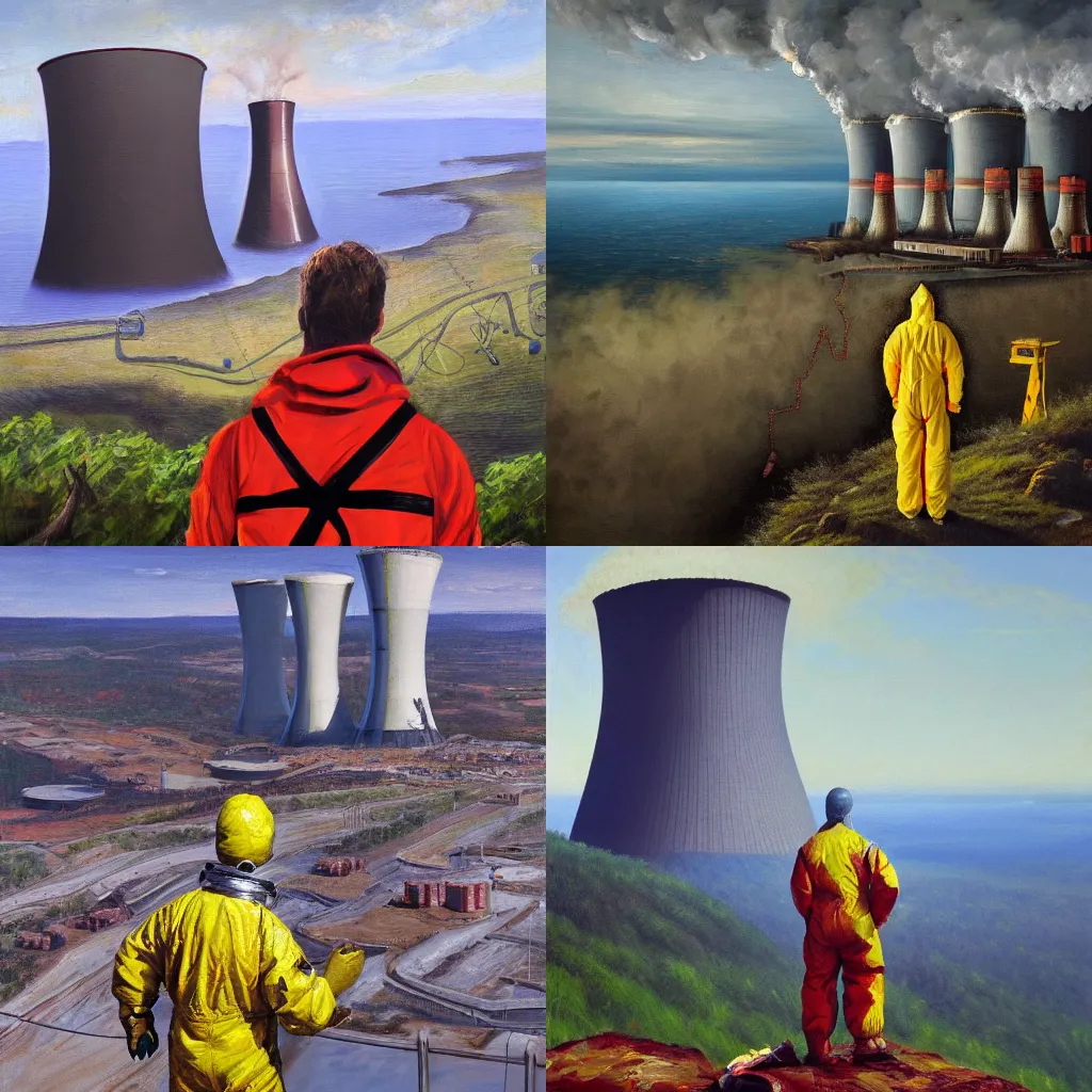 Prompt: a man in a hazmat suit on a cliff overlooking a broken cooling tower of a nuclear plant, oil painting, masterpiece, 4k