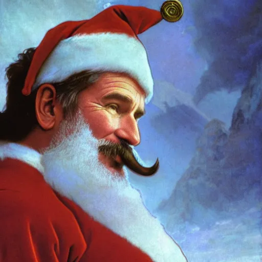 Image similar to a detailed portrait of robin williams as santa ana at the alamo, long twirling moustache, by alphonse mucha and albert bierstadt and thomas moran and charles russel, god rays, intricate detail, cinematic, 8 k, featured on artstation, pixiv