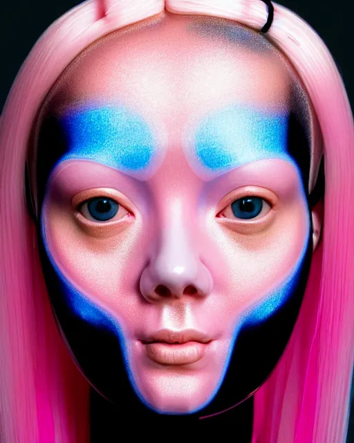 Image similar to symmetrical close - up portrait of a woman wearing a translucent silicone beauty mask and pink hair, wearing a black bodysuit by alexander mcqueen, blue background, soft diffused light, biotechnology, humanoide robot, bjork aesthetic, translucent, by rineke dijkstra, intricate details, highly detailed, masterpiece,