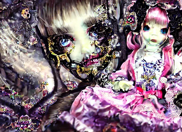 Image similar to baroque bedazzled gothic royalty frames surrounding a pixelsort emo demonic horrorcore japanese beautiful fairy kei doll, sharpened early computer graphics, remastered chromatic aberration