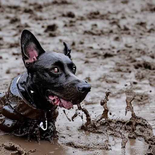 Prompt: dog play in mud