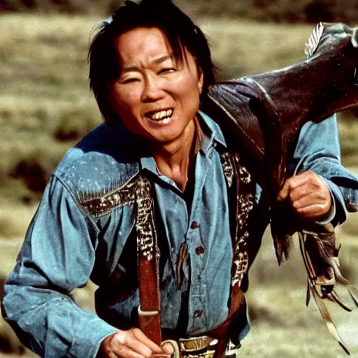 Prompt: Film still of Jacky Chan as cowboy in America movie