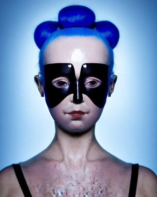 Prompt: symmetrical close - up portrait of a woman wearing a translucent silicone beauty mask and blue hair buns, wearing a black bodysuit by alexander mcqueen, blue background, soft diffused light, biotechnology, humanoide robot, bjork aesthetic, translucent, by rineke dijkstra, intricate details, highly detailed, masterpiece,