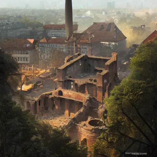 Image similar to aerial view of ruins of munich!!!, vegetation!!!, rubble!!, rusty cars!! hyperrealistic, highly detailed, cinematic, foggy light from fires, beautiful, cgssociety, artstation, 8 k, oil painting by greg rutkowski, by artgerm, by wlop