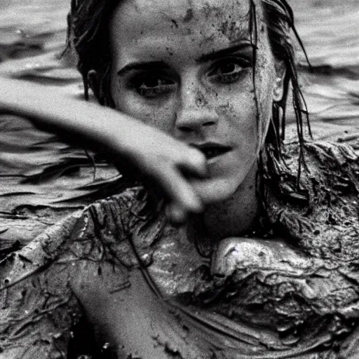 Image similar to film still, close up, emma watson rising out of muddy vietnam river, face covered in mud, low camera angle at water level, night time, film still from apocalypse now ( 1 9 7 9 ), 2 6 mm