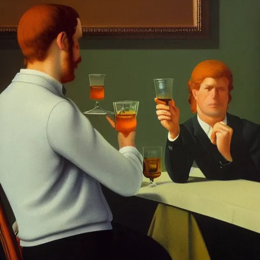 Prompt: telling it like it really is over a glass of scotch by Raphael, Hopper, and Rene Magritte. detailed, romantic, enchanting, trending on artstation.