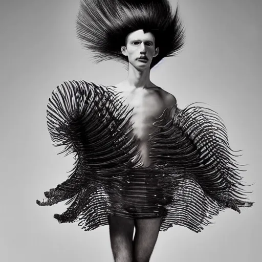 Prompt: a beautiful young male alienwearing iris van herpen couture, his hair moves with the wind, photographed by erwin olaf