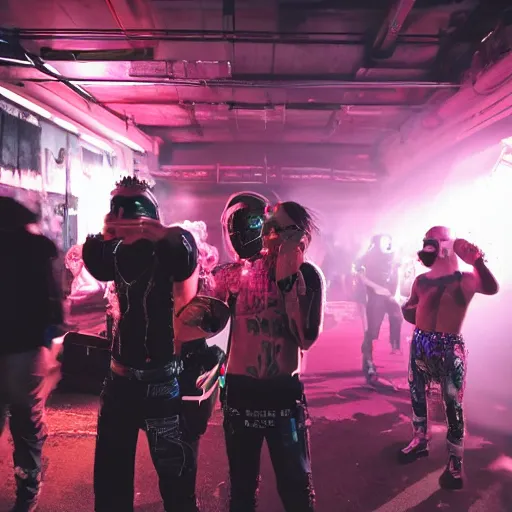 Image similar to cyberpunk ravers defending a warehouse from police robots at night