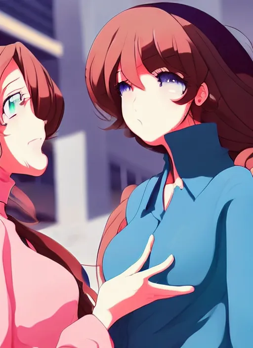 Prompt: two beautiful mothers talking on a street, fashionable street clothes, gorgeous faces, thick lines, cinematic lighting, detailed anime art