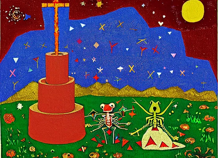 Image similar to pixel decollage painting tarot lovers card composition tower of babel road red armor maggot bear and wonky alien frog skeleton knight on a horse in a dark red cloudy night sky with golden foil jewish stars and diamonds, mountain lake and blossoming field in background, painted by Mark Rothko, Helen Frankenthaler, Danny Fox and Hilma af Klint, pixelated, neo expressionism, semi naive, pastel colors, cinematic, color field painting, cave painting, voxel, pop art look, outsider art, minimalistic. Bill Traylor painting, part by Philip Guston, Amano and Francis Bacon. art by Adrian Ghenie, very coherent symmetrical artwork, cinematic, hyper realism, high detail, octane render, unreal engine, Smooth gradients, depth of field, full body character drawing, extremely detailed, 8k, extreme detail, intricate detail, masterpiece