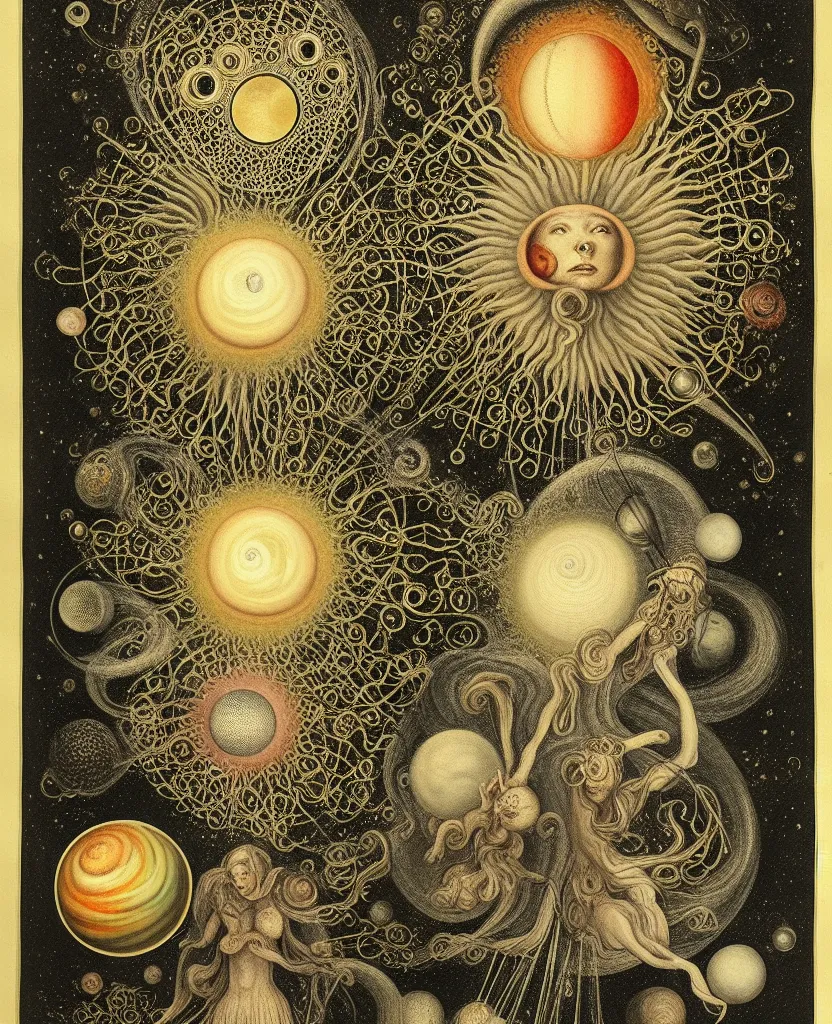 Image similar to whimsical uncanny creature alchemizes unique canto about'as above so below'being ignited by the spirit of haeckel and robert fludd, breakthrough is iminent, glory be to the magic within, to honor jupiter, painted by ronny khalil