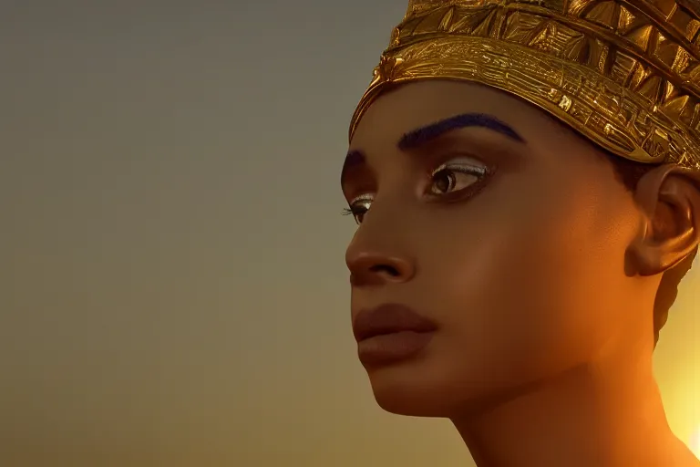 Image similar to a beautiful award winning photo of Cleopatra, golden hour, very detailed and sharp, 4k cinematic