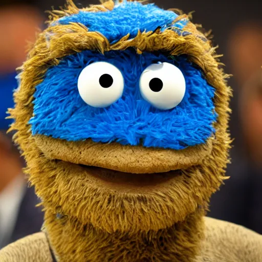 Prompt: Cookie Monster on trial at the Hague