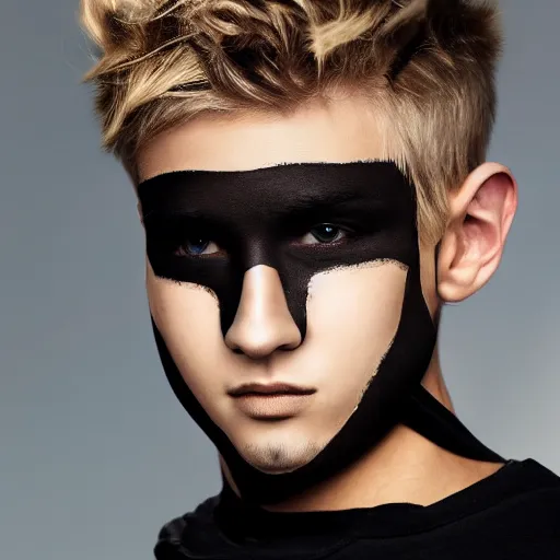 Prompt: professional digital art of a cute young adult man with blonde messy hair and wide eyes wearing a black face mask and a dark sweatshirt, high quality, HD, 8K, highly detailed, award-winning