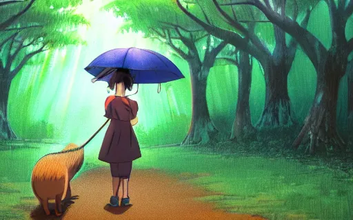 Prompt: a young girl with her large pet capybara walking through the forest, raining, holding umbrella, art by hayao miyazaki, studio ghibli film, 4k, hi res, high detail