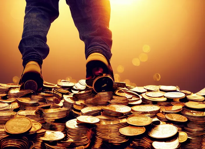 Prompt: a 3 5 mm photo from the back of a man walking over piles of coins, splash art, movie still, bokeh, canon 5 0 mm, cinematic lighting, dramatic, film, photography, golden hour, depth of field, award - winning, anamorphic lens flare, 8 k, hyper detailed, 3 5 mm film grain