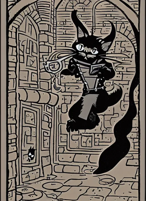 Image similar to highly detailed, wizard cat with a dungeon background by mike mignola