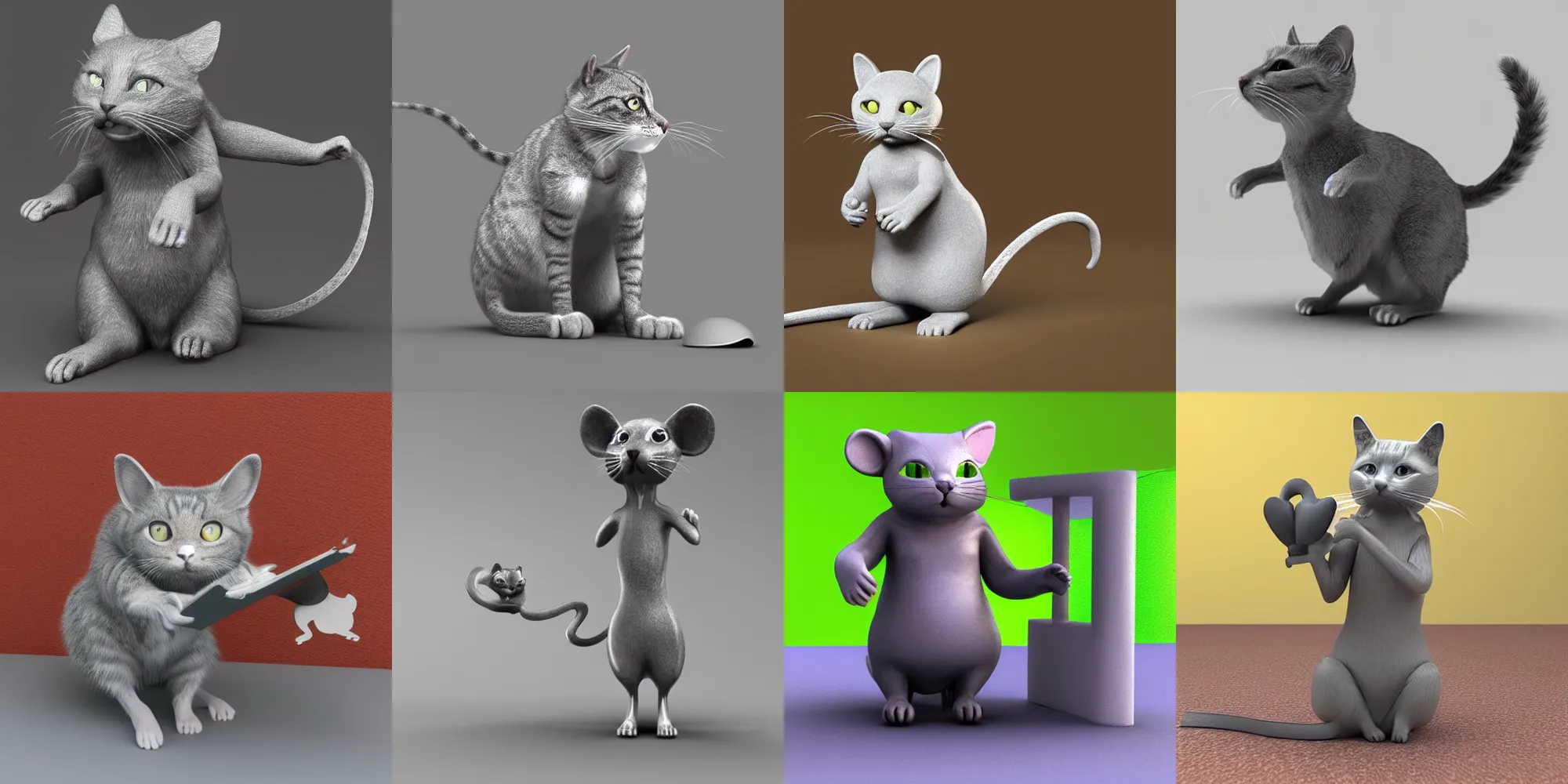 Prompt: 3d quicksilver cat standing with mouse in mouth, render