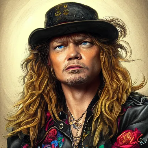 Image similar to axel rose portrait guns n roses, intricate, highly detailed, digital painting, artstation, concept art, smooth, sharp focus, illustration, unreal engine 5, 8 k, art by artgerm and greg rutkowski and alphonse mucha