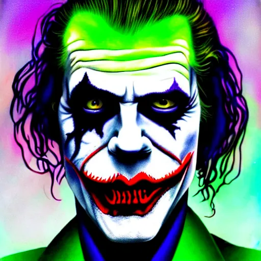 Image similar to An extremely psychedelic portrait of Rob Zombie as the Joker, surreal, LSD, face, detailed, intricate, elegant, lithe, highly detailed, digital painting, artstation, concept art, smooth, sharp focus, illustration