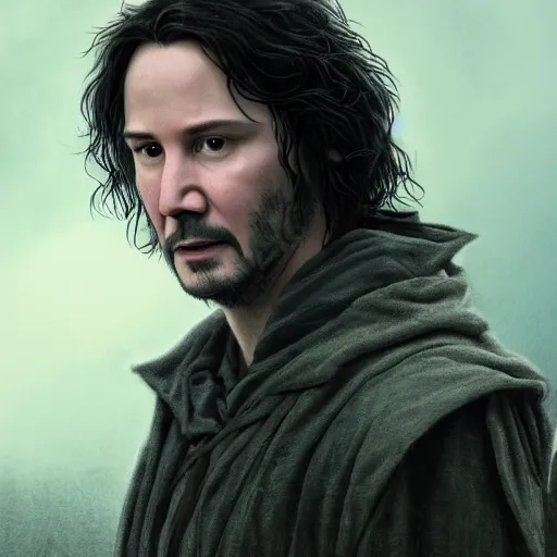 Image similar to portrait of Keanu reeves as Frodo baggins, sharp, Detail, detailed face,4k, cinematic lighting, in the style of Greg Rutkowski and James Gurney