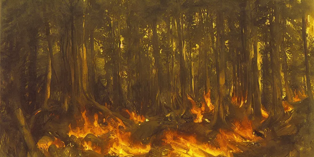 Image similar to forest fire artwork by eugene von guerard, john singer sargent