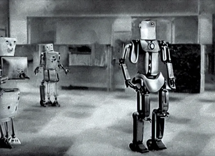 Prompt: a movie still from the silent film When Robots Dream