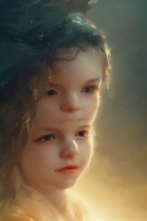 Image similar to Atlantis little girl, joyful, close-up portrait, intricate, elegant, volumetric lighting, scenery, digital painting, highly detailed, artstation, sharp focus, illustration, concept art, ruan jia, steve mccurry