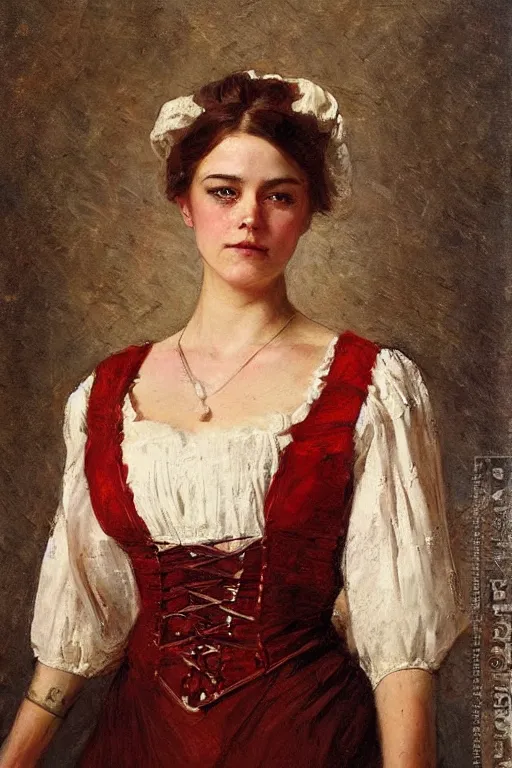 Image similar to Solomon Joseph Solomon and Richard Schmid and Jeremy Lipking victorian genre painting full length portrait painting of a young beautiful woman traditional german barmaid in fantasy costume, red background