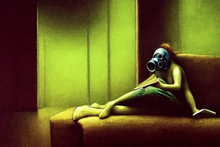 Image similar to girl with wearing a gas mask lying on the sofa reading a book in her room, in the style of beksinski, naturecore, atmospheric, intricate and epic composition, green by caravaggio, insanely quality, highly detailed, masterpiece, white light, artstation, 4 k
