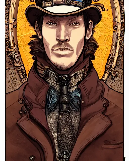 Image similar to a detailed portrait illustration of a steampunk tech - sorcerer. handsome male face, ginger. art nouveau, pop art, comic book style. influenced by neil gaiman, h. p. lovecraft, dan mumford, brian froud, heade, killian eng, ross tran.