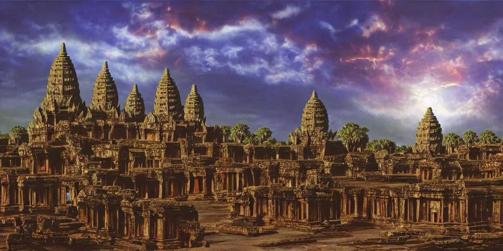 Image similar to fantasy oil painting, hybrid, mega structure city, angkor wat, kailasa temple, ellora, looming, small buildings, warm lighting, street view, silhouetted figure standing overlooking, space port city, epic, distant mountains, bright clouds, luminous sky, cinematic lighting, michael cheval, david palladini, artstation, oil painting, natural tpose