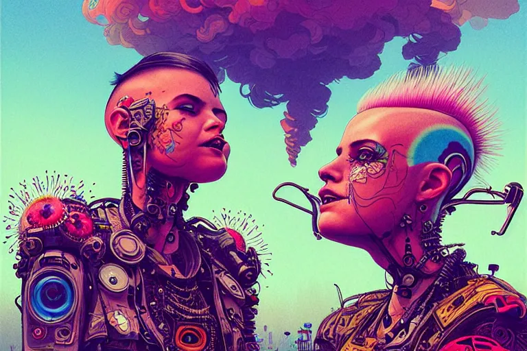 Prompt: punk androids with mohawks, tattoos, happy smiling. smoking joints together outside in a field. swirls of colorful clouds, mist. intricate. gorgeous detailed portrait. cinematic. sharp focus. octane. by stalenhag. kilian eng. mucha. alex gray. bibin. wlop.