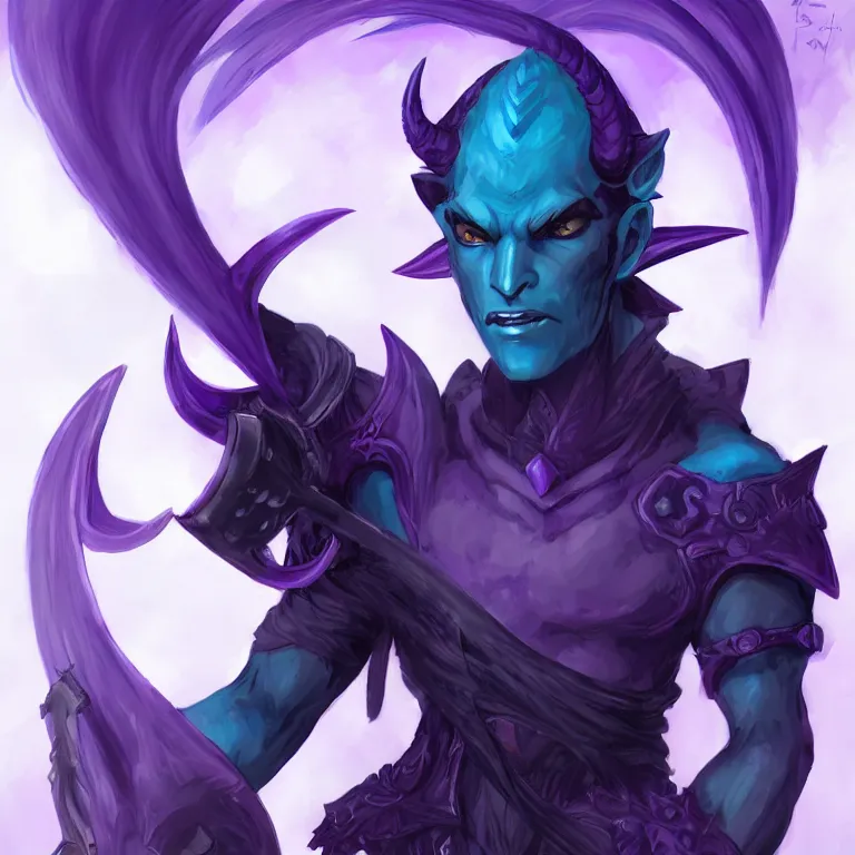 Image similar to Handsome purple and Teal skinned Tiefling, striking azure eyes, black hair, Yoshitaka Amano, digital art