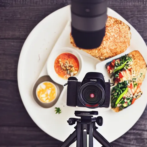 Image similar to “a high resolution picture of a camera on a tripod taking a picture of gourmet food”