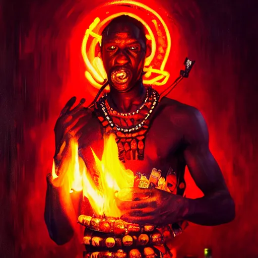 Image similar to shaka zulu as a cybperpunk gangster, eating fire in the neon ghetto, by greg rutkowski and android jones in a surreal portrait style, oil on canvas, 8k