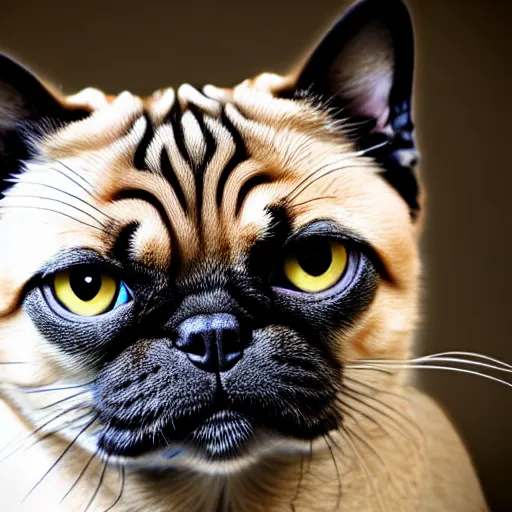 Prompt: a feline cat - pug - hybrid, felidae animal photography