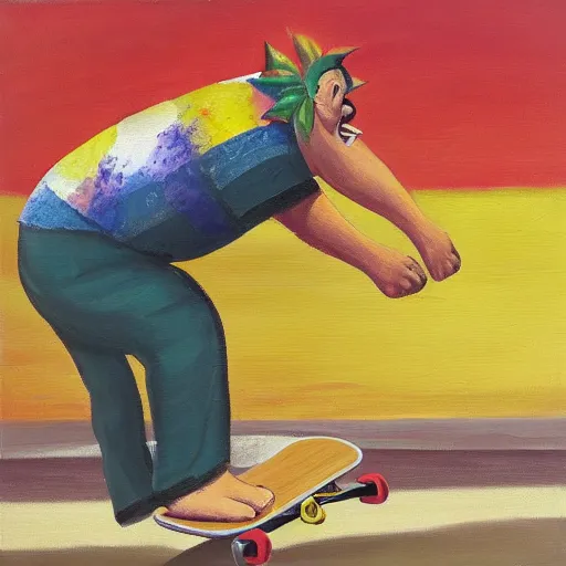 Image similar to happy fat man in a hawaiian shirt, skateboarding, oil on canvas