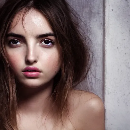 Image similar to a masterpiece portrait photo of a beautiful young woman who looks like ana de armas, symmetrical face, random background scene