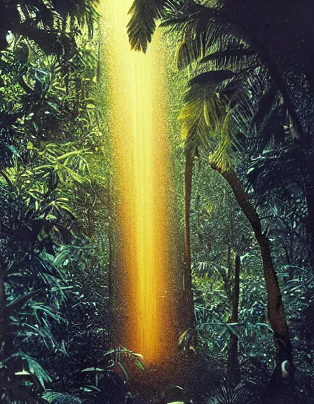 Prompt: vintage color photo of a giant 1 1 0 million years old abstract sculpture made of light beams and liquid gold in the jungle