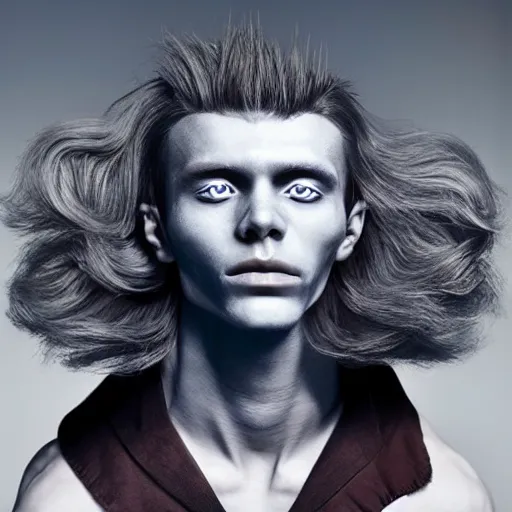 Prompt: a beautiful young male alien with ombre skin, his hair moves with the wind, photographed by erwin olaf