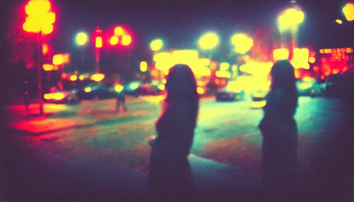 Image similar to colorful instant photograph of a beautiful woman in a city at night, polaroid, light leak, raw, nostalgic