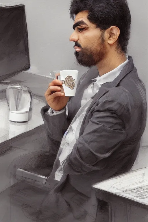 Image similar to a persian man drinking coffee from a paper cup at his work cubicle, by artgerm and yoshitaka amano, trending on artstation