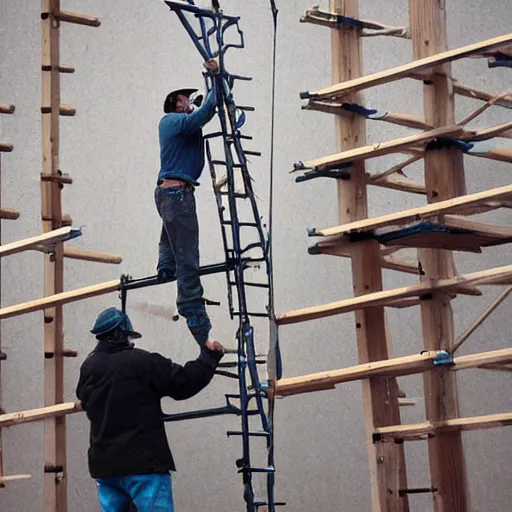 Image similar to man bear rigging a stage on a scaffold