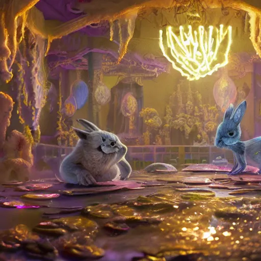 Prompt: ghost mansion, expressive eyes, floating, rbc, bunny, radiolaria, protophyta, micro - organisms, center frame, symmetric, rim light, marine microbiology, bioluminescence, electric, fur, soft, concept art, intricate details, highly detailed, colorful, photorealistic, disney pixar, octane render, iridescent, anime